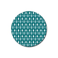 Teal And White Spatula Spoon Pattern Rubber Coaster (round)  by GardenOfOphir