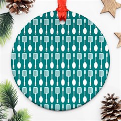 Teal And White Spatula Spoon Pattern Round Ornament (two Sides) 