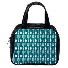 Teal And White Spatula Spoon Pattern Classic Handbags (one Side) by GardenOfOphir