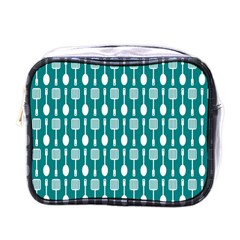 Teal And White Spatula Spoon Pattern Mini Toiletries Bags by GardenOfOphir