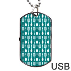 Teal And White Spatula Spoon Pattern Dog Tag Usb Flash (two Sides)  by GardenOfOphir