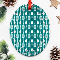 Teal And White Spatula Spoon Pattern Oval Filigree Ornament (2-side)  by GardenOfOphir