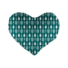 Teal And White Spatula Spoon Pattern Standard 16  Premium Flano Heart Shape Cushions by GardenOfOphir