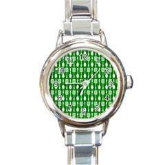 Green And White Kitchen Utensils Pattern Round Italian Charm Watches by GardenOfOphir