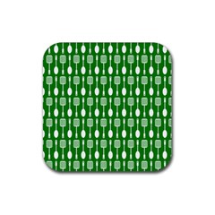 Green And White Kitchen Utensils Pattern Rubber Coaster (square) 