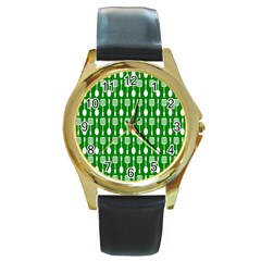 Green And White Kitchen Utensils Pattern Round Gold Metal Watches