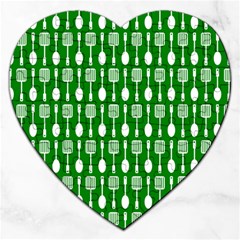 Green And White Kitchen Utensils Pattern Jigsaw Puzzle (heart) by GardenOfOphir