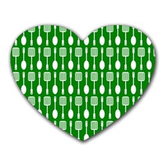 Green And White Kitchen Utensils Pattern Heart Mousepads by GardenOfOphir