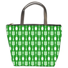 Green And White Kitchen Utensils Pattern Bucket Bags by GardenOfOphir