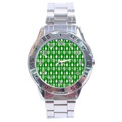 Green And White Kitchen Utensils Pattern Stainless Steel Men s Watch by GardenOfOphir