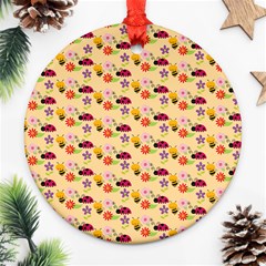 Colorful Ladybug Bess And Flowers Pattern Ornament (round)  by GardenOfOphir