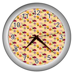 Colorful Ladybug Bess And Flowers Pattern Wall Clocks (silver)  by GardenOfOphir