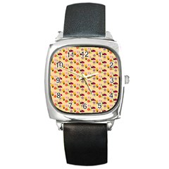 Colorful Ladybug Bess And Flowers Pattern Square Metal Watches by GardenOfOphir