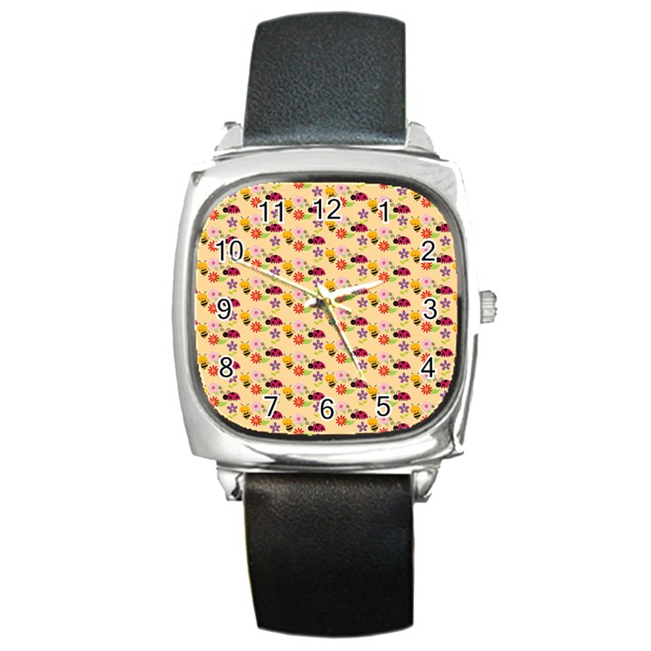 Colorful Ladybug Bess And Flowers Pattern Square Metal Watches