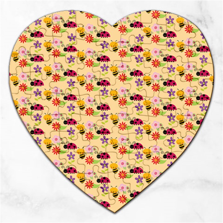 Colorful Ladybug Bess And Flowers Pattern Jigsaw Puzzle (Heart)