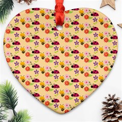 Colorful Ladybug Bess And Flowers Pattern Heart Ornament (2 Sides) by GardenOfOphir