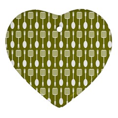 Olive Green Spatula Spoon Pattern Heart Ornament (2 Sides) by GardenOfOphir