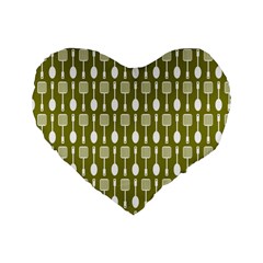 Olive Green Spatula Spoon Pattern Standard 16  Premium Flano Heart Shape Cushions by GardenOfOphir