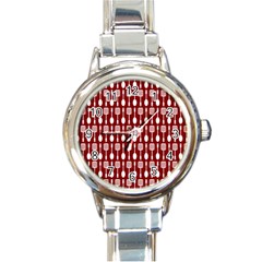 Red And White Kitchen Utensils Pattern Round Italian Charm Watches