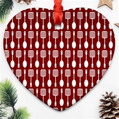 Red And White Kitchen Utensils Pattern Ornament (heart)  by GardenOfOphir