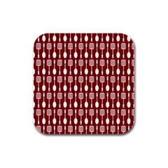 Red And White Kitchen Utensils Pattern Rubber Square Coaster (4 Pack)  by GardenOfOphir