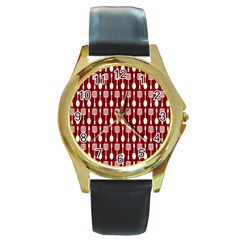 Red And White Kitchen Utensils Pattern Round Gold Metal Watches