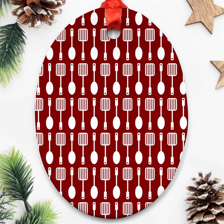 Red And White Kitchen Utensils Pattern Oval Ornament (Two Sides)