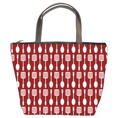 Red And White Kitchen Utensils Pattern Bucket Bags by GardenOfOphir