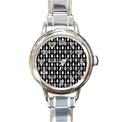 Black And White Spatula Spoon Pattern Round Italian Charm Watches