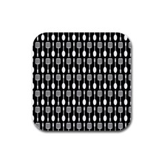 Black And White Spatula Spoon Pattern Rubber Square Coaster (4 Pack)  by GardenOfOphir