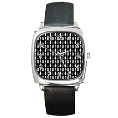 Black And White Spatula Spoon Pattern Square Metal Watches