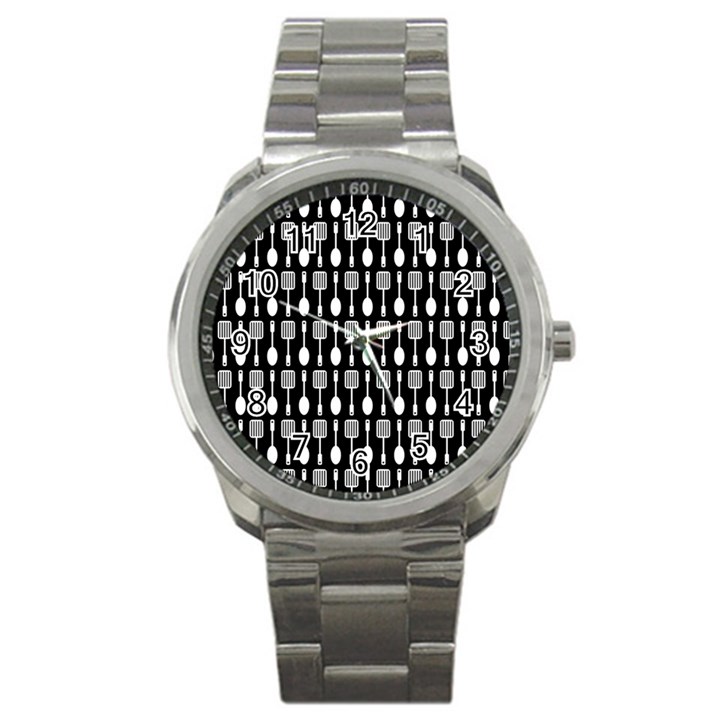 Black And White Spatula Spoon Pattern Sport Metal Watches