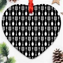 Black And White Spatula Spoon Pattern Heart Ornament (2 Sides) by GardenOfOphir