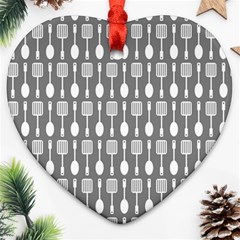 Gray And White Kitchen Utensils Pattern Heart Ornament (2 Sides) by GardenOfOphir