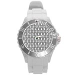 Gray And White Kitchen Utensils Pattern Round Plastic Sport Watch (L) Front