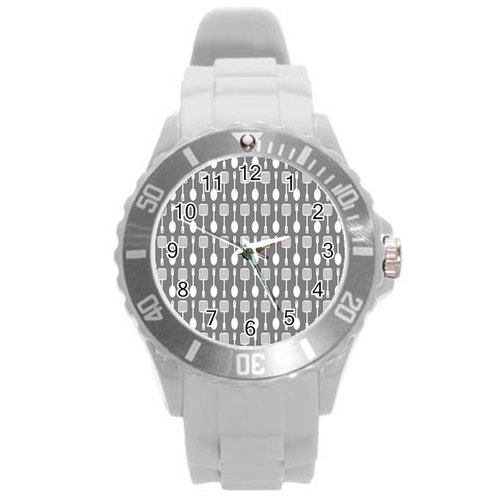 Gray And White Kitchen Utensils Pattern Round Plastic Sport Watch (L)