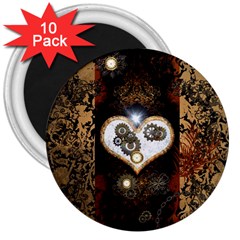 Steampunk, Awesome Heart With Clocks And Gears 3  Magnets (10 Pack)  by FantasyWorld7