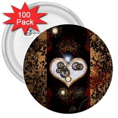 Steampunk, Awesome Heart With Clocks And Gears 3  Buttons (100 Pack)  by FantasyWorld7