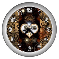 Steampunk, Awesome Heart With Clocks And Gears Wall Clocks (silver)  by FantasyWorld7