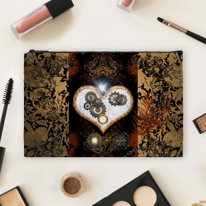 Steampunk, Awesome Heart With Clocks And Gears Cosmetic Bag (Large) 