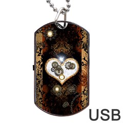 Steampunk, Awesome Heart With Clocks And Gears Dog Tag Usb Flash (two Sides) 