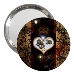 Steampunk, Awesome Heart With Clocks And Gears 3  Handbag Mirrors