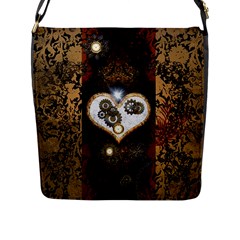 Steampunk, Awesome Heart With Clocks And Gears Flap Messenger Bag (l) 