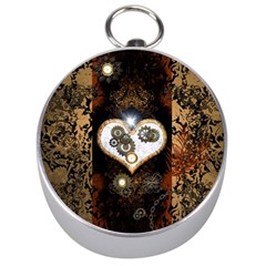 Steampunk, Awesome Heart With Clocks And Gears Silver Compasses