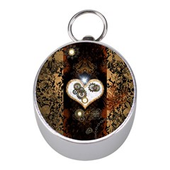 Steampunk, Awesome Heart With Clocks And Gears Mini Silver Compasses