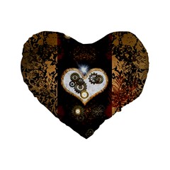 Steampunk, Awesome Heart With Clocks And Gears Standard 16  Premium Flano Heart Shape Cushions