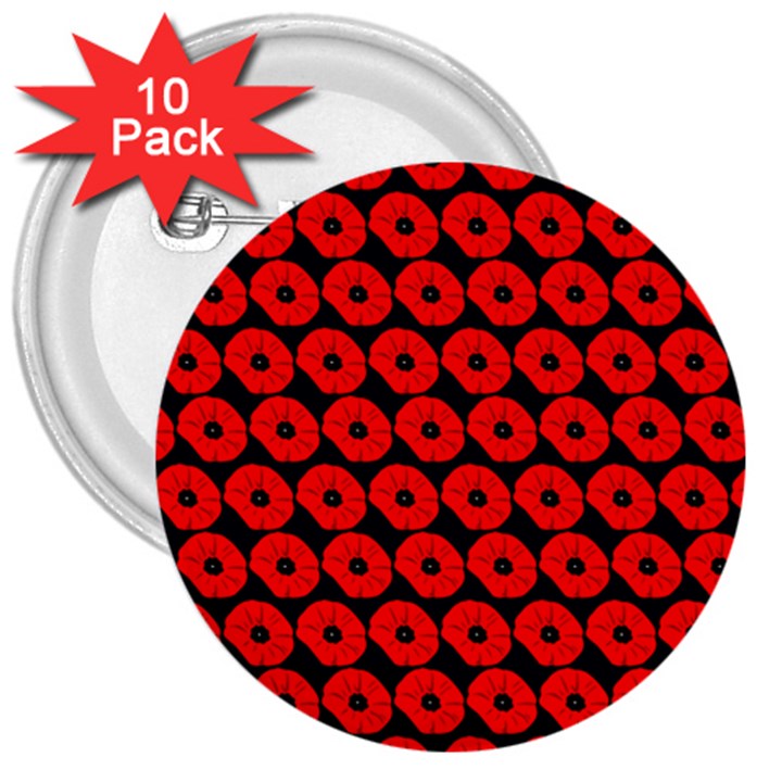 Charcoal And Red Peony Flower Pattern 3  Buttons (10 pack) 