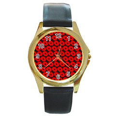 Charcoal And Red Peony Flower Pattern Round Gold Metal Watches