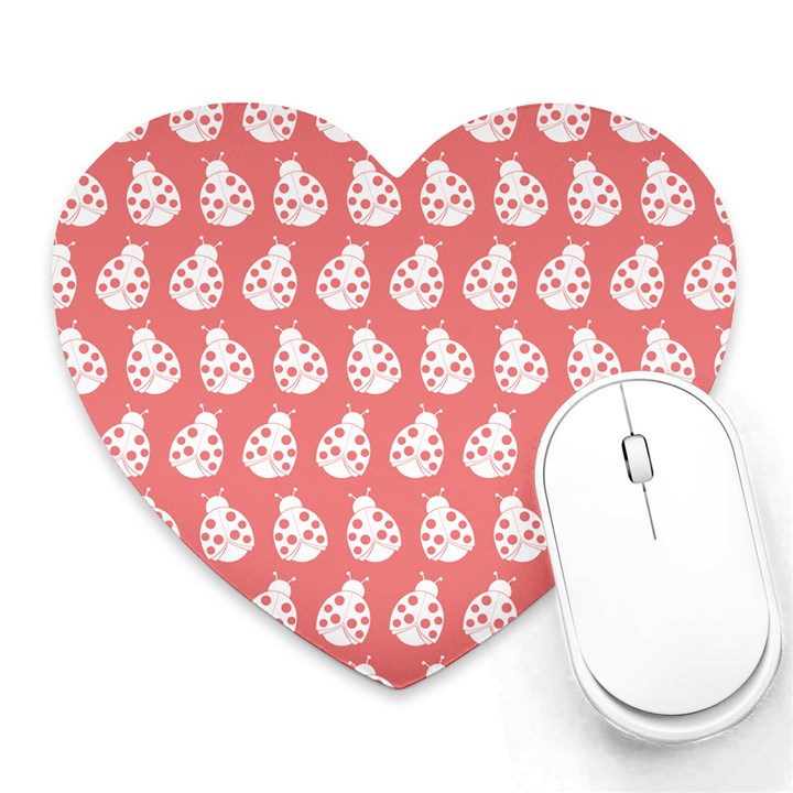 Coral And White Lady Bug Pattern Heart Mousepads