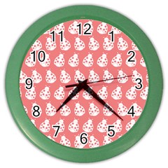 Coral And White Lady Bug Pattern Color Wall Clocks by GardenOfOphir